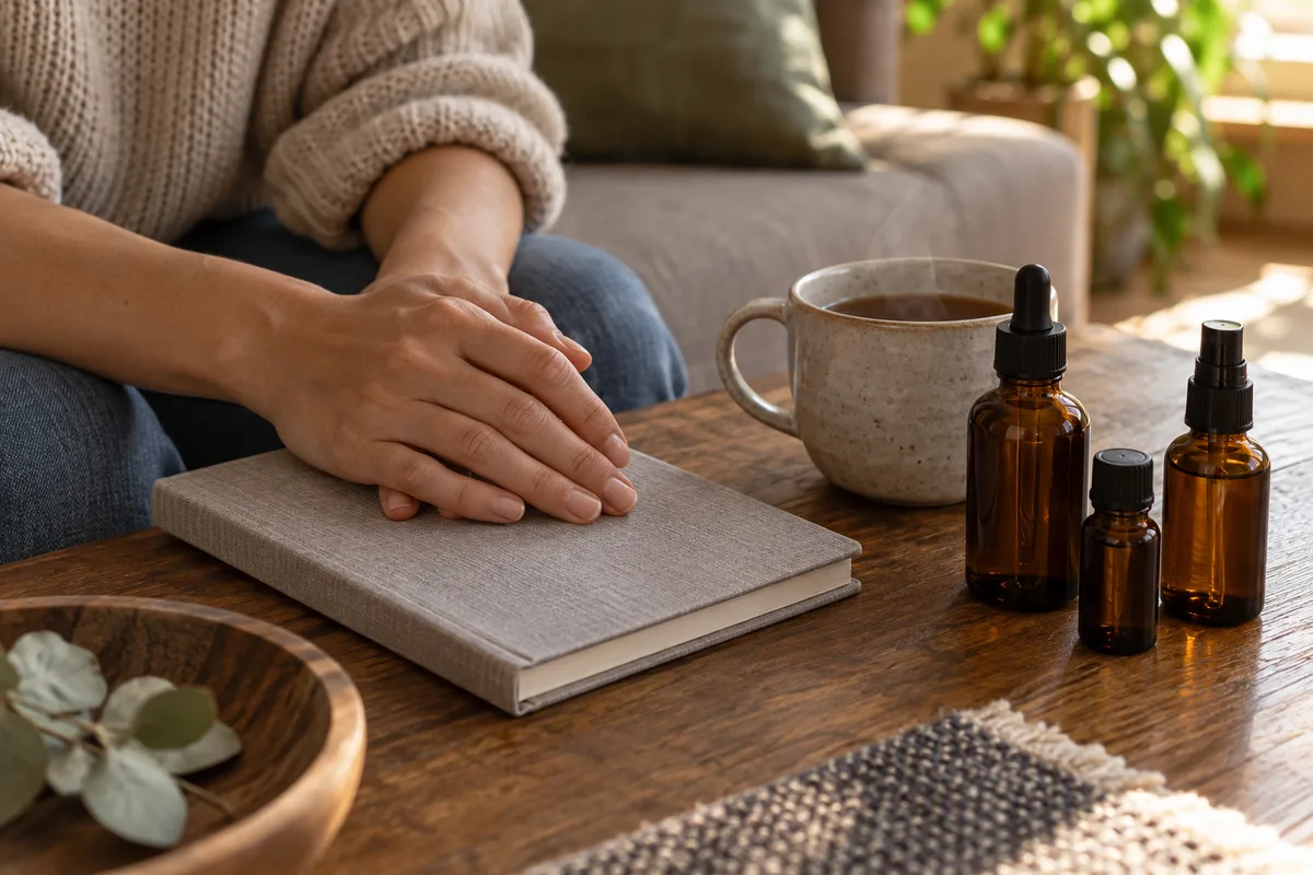 Mains posées sur un carnet à couverture de lin fermé, près d’une tasse de thé et de trois flacons de soin en verre ambré
