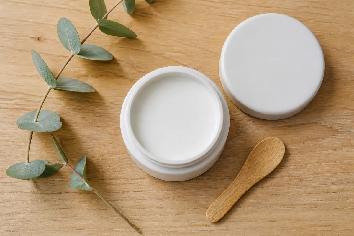 Pot de crème blanc en céramique ouvert, vu de dessus sur un plan de bois clair