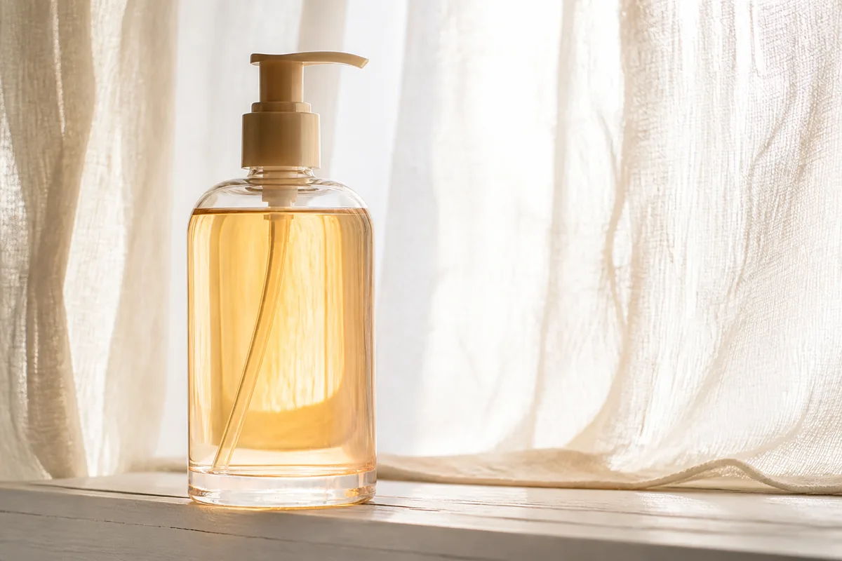 Flacon pompe en verre transparent posé devant une fenêtre, lumière du matin en contre-jour