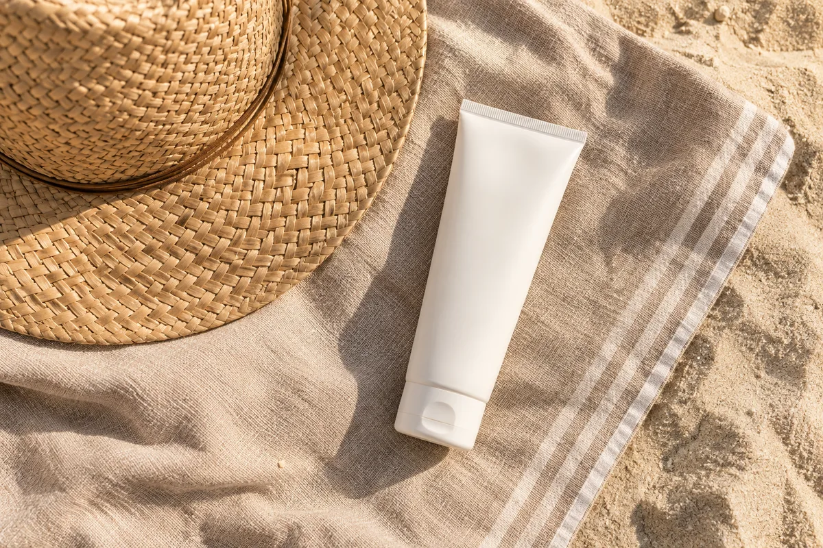 Tube de crème solaire blanc uni et chapeau de paille posés sur une serviette de plage en lin, lumière de fin d&rsquo;après-midi