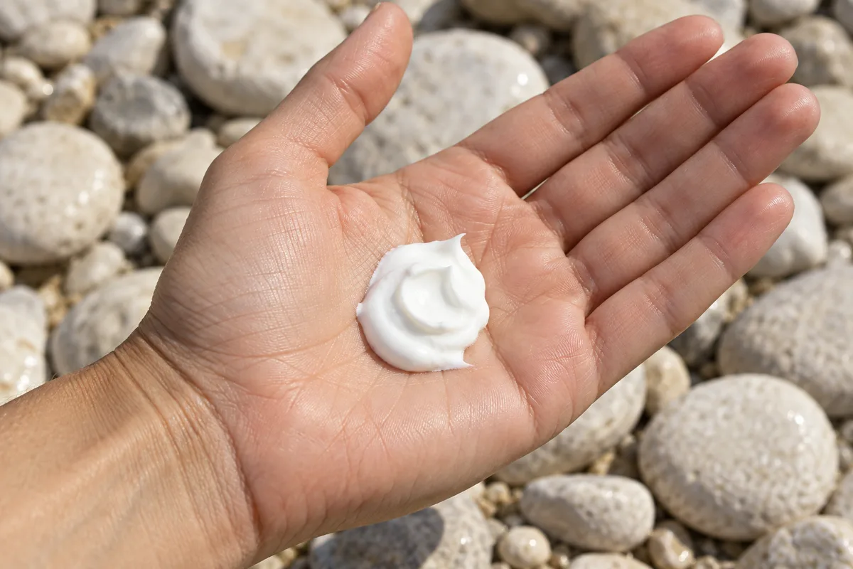 Mains dosant une noisette de crème solaire blanche au creux de la paume, sur fond de galets clairs