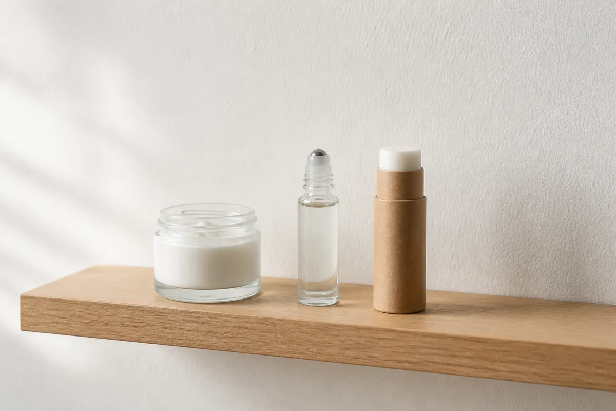 Trois contenants de formats différents alignés sur une étagère en chêne clair, pot trapu, flacon roll-on et stick cylindrique