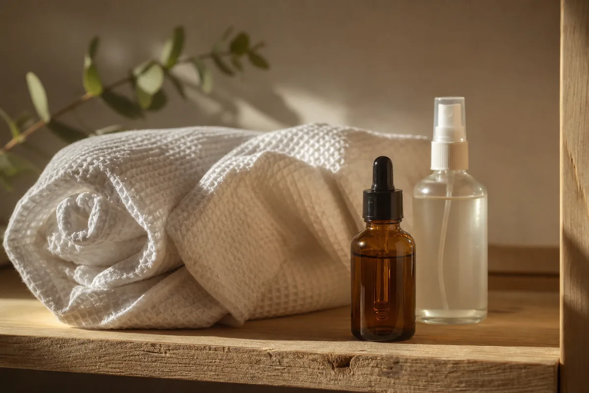 Serviette en coton blanc et flacon en verre ambré posés sur une tablette de salle de bain