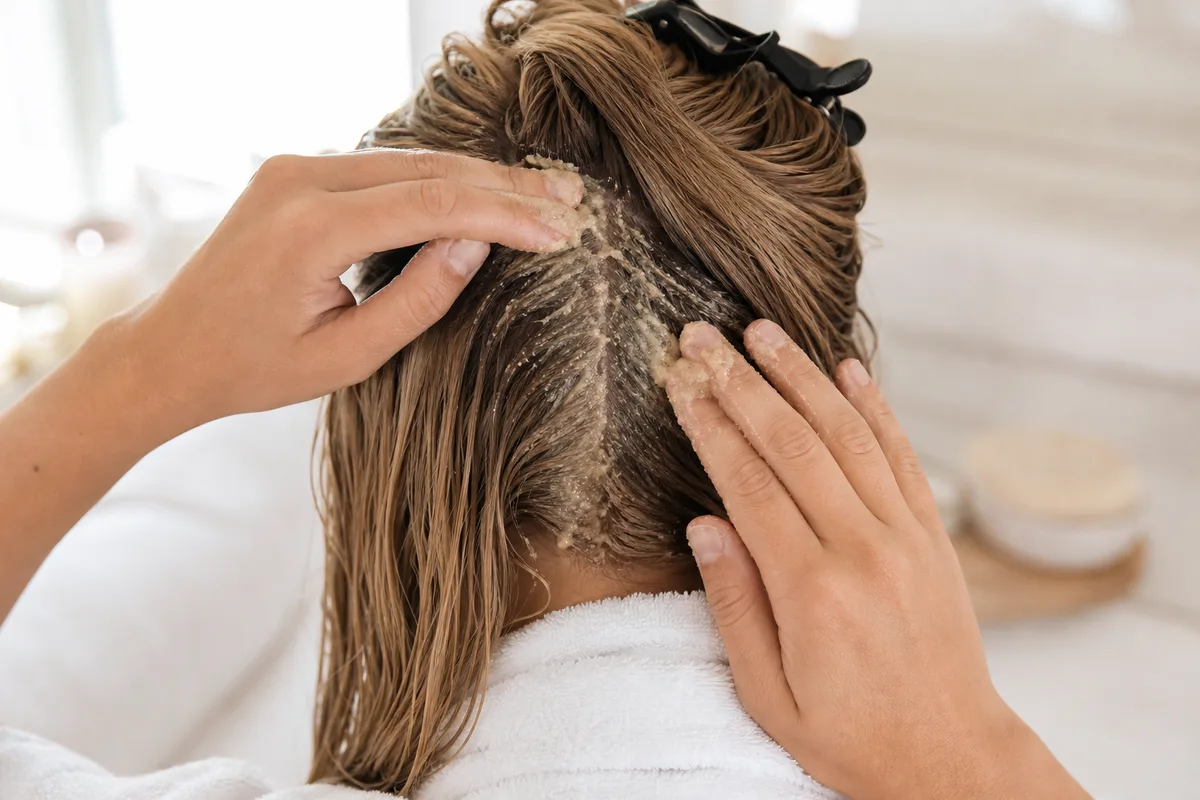 Mains appliquant une préparation exfoliante sur des raies de cheveux humides