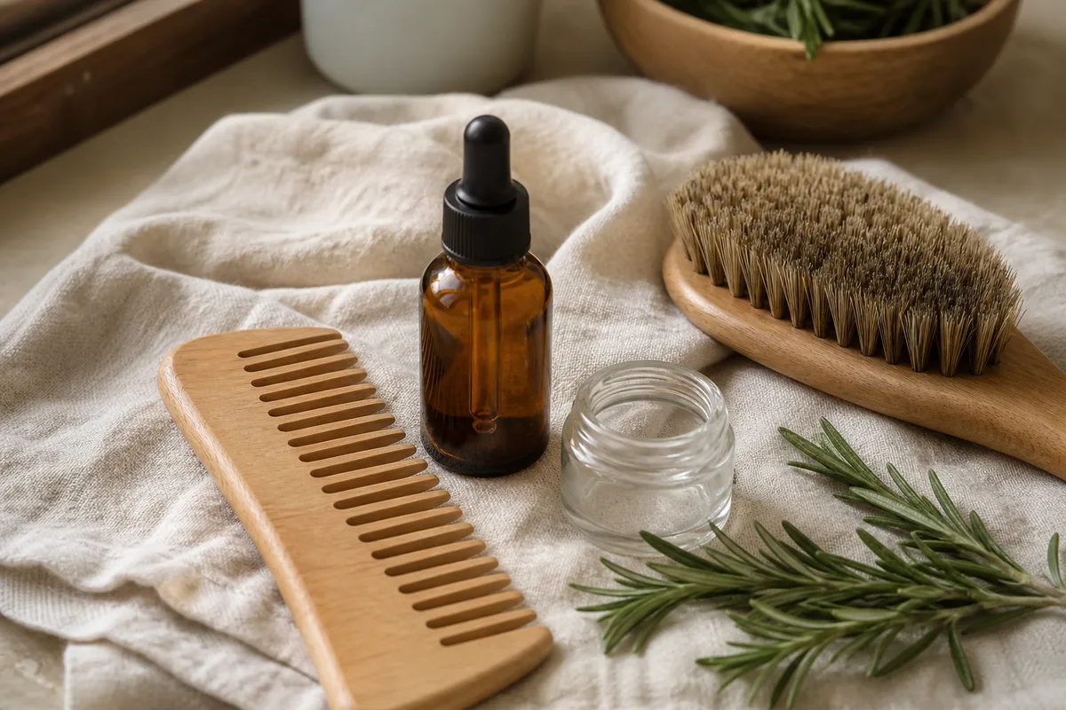 Peigne en bois et flacon en verre teinté posés sur une serviette en lin claire
