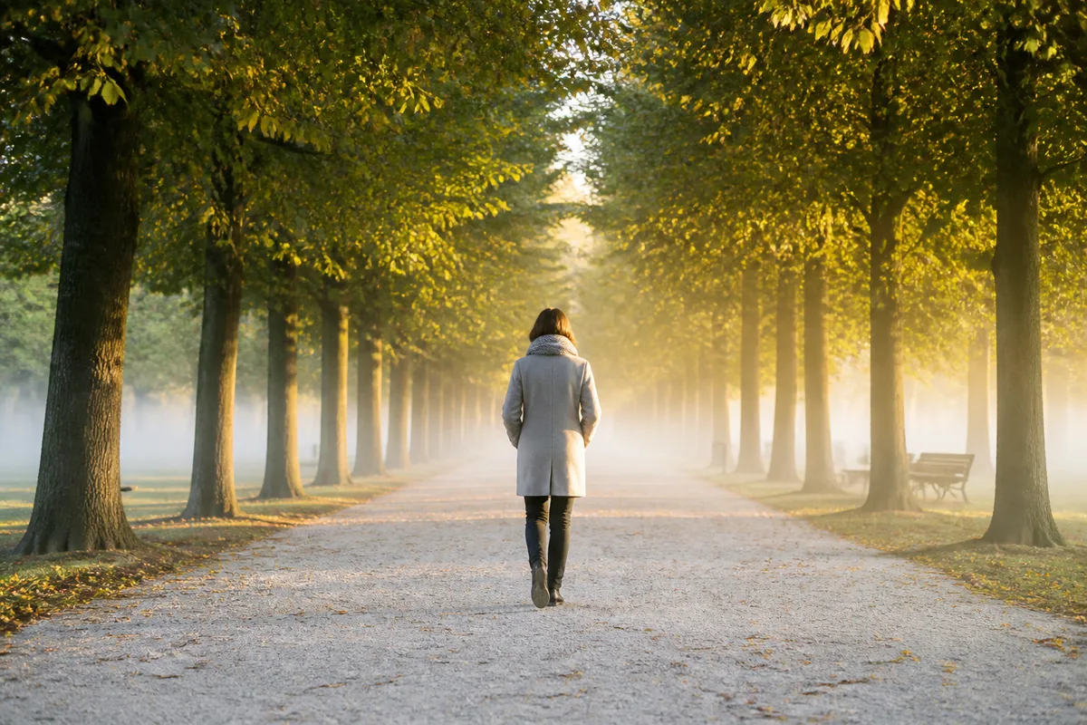 Silhouette de femme de dos marchant sur une allée de parc au petit matin