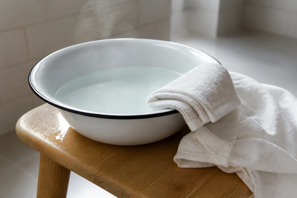 Bassine en émail blanc et gant de coton posés sur un tabouret en bois dans une salle d’eau claire