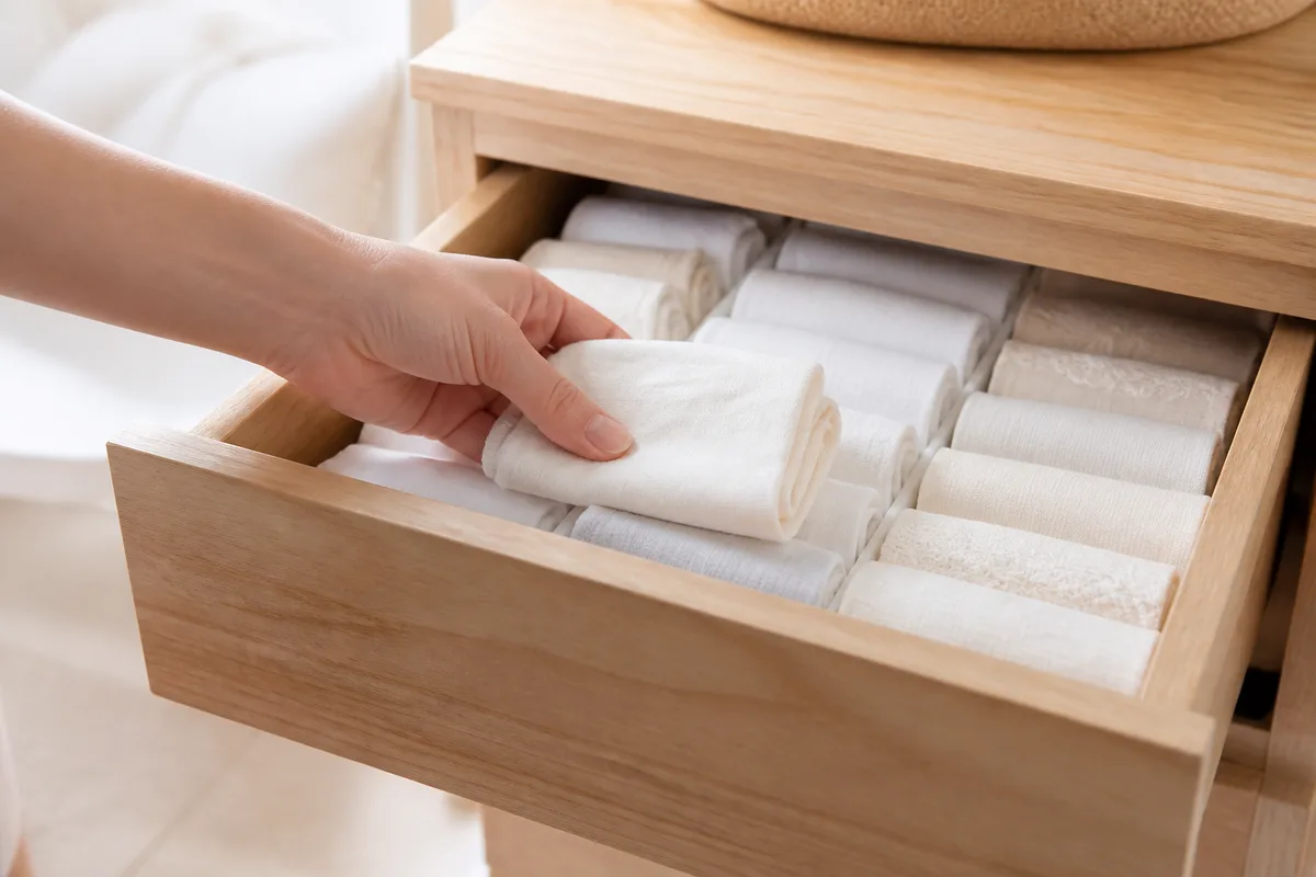 Sous-vêtements et linges en coton blanc roulés et rangés dans un tiroir de commode en bois clair