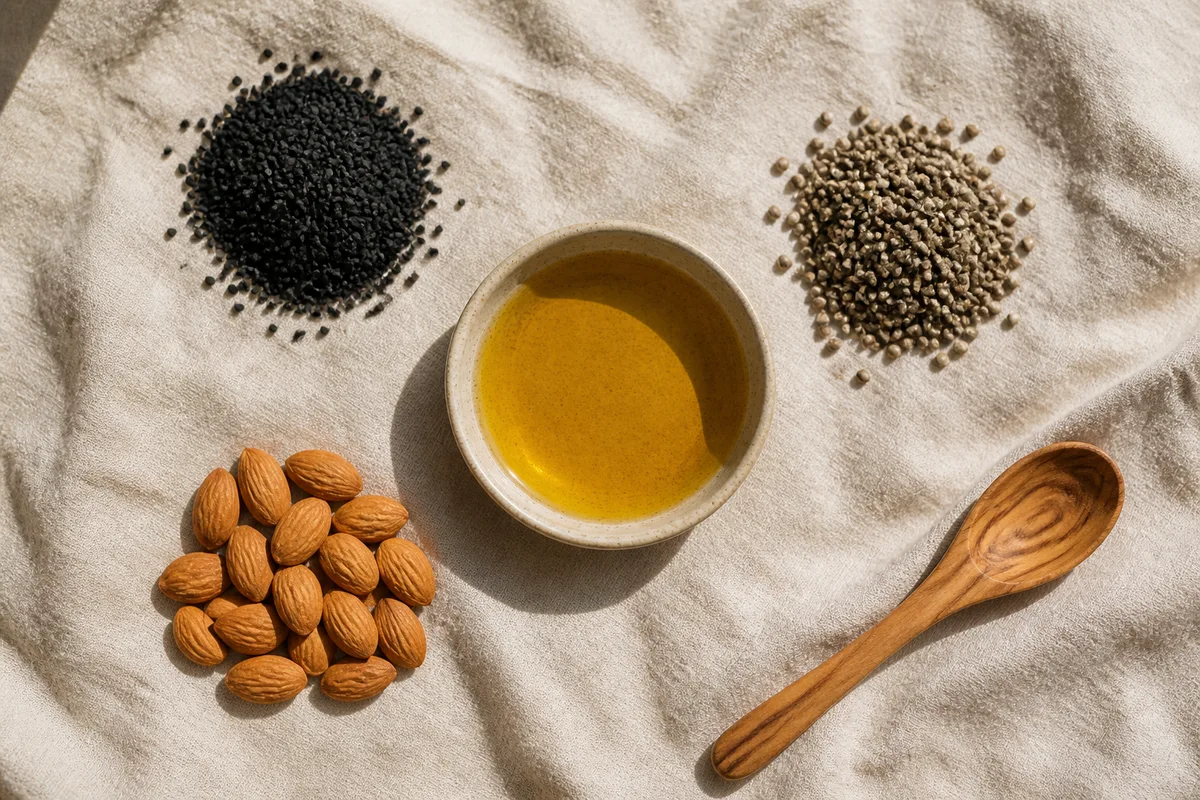 Graines oléagineuses et coupelle d&rsquo;huile dorée sur un textile de lin naturel