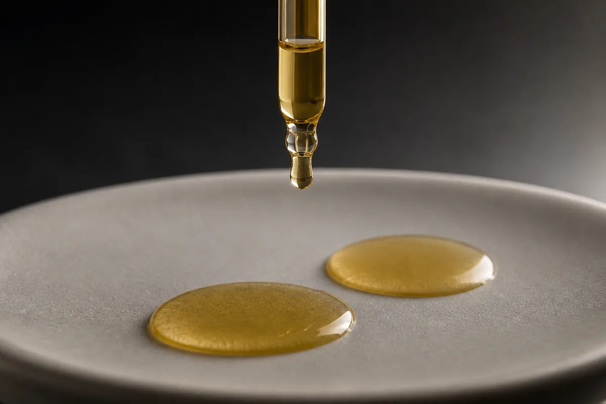 Pipette laissant tomber une goutte d&rsquo;huile sur une surface de céramique mate