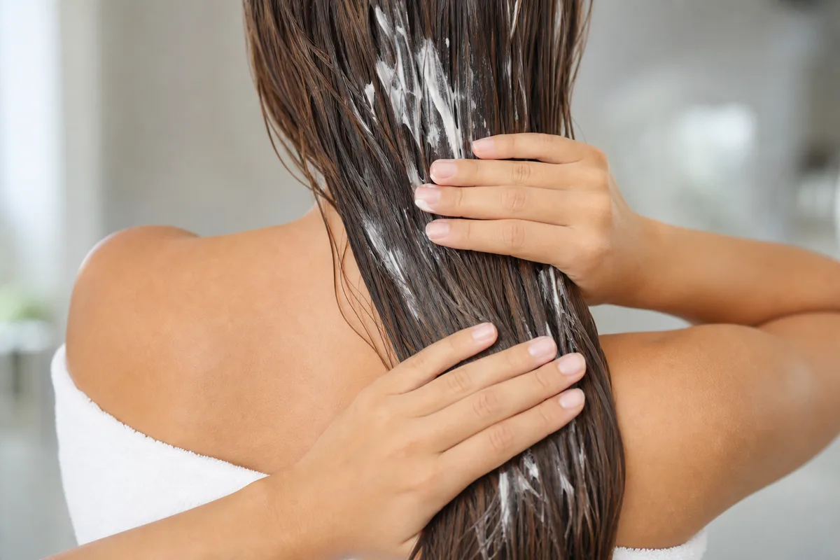 Mains appliquant un soin sur des longueurs de cheveux humides, vue de dos