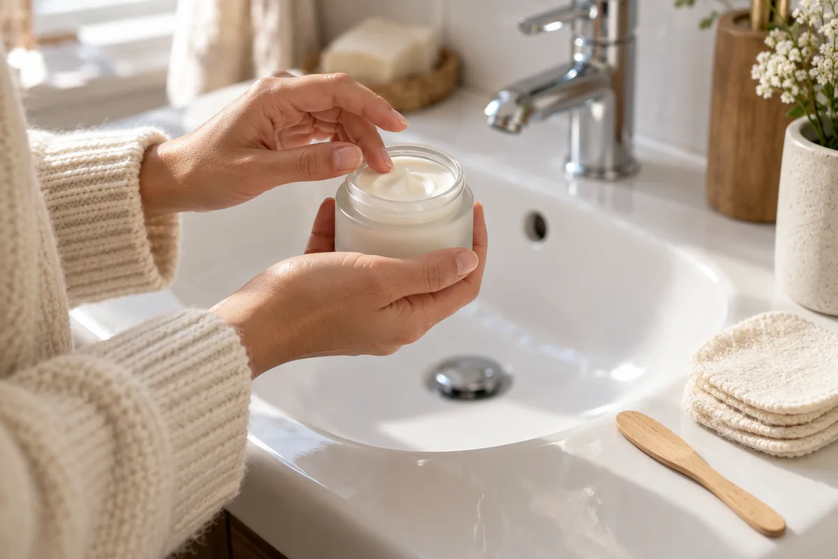 Mains en manches longues de maille crème tenant un pot de crème en verre dépoli ouvert au-dessus d&rsquo;un lavabo en céramique