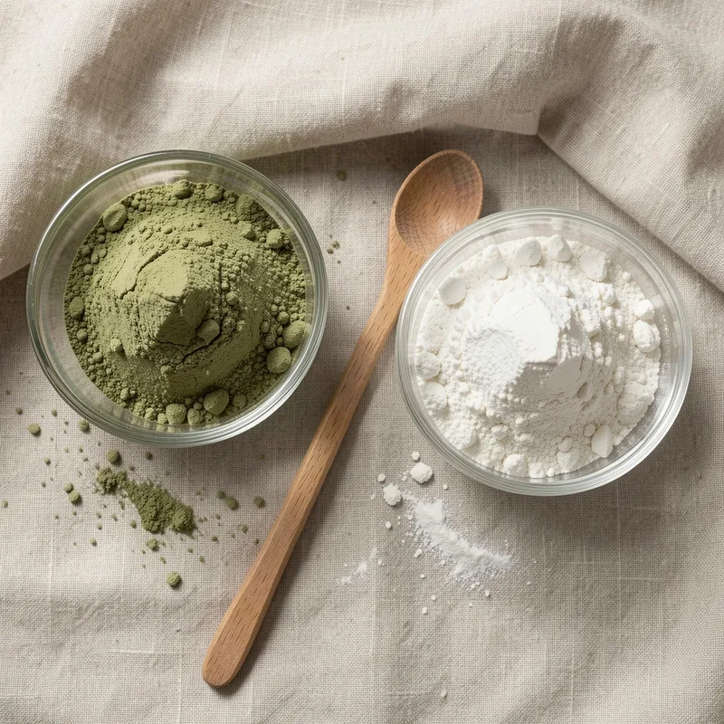 Poudre d’argile verte et poudre d’argile blanche dans deux coupelles en verre