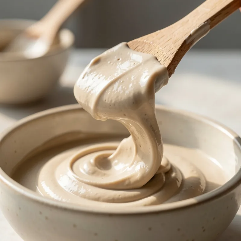 Texture crémeuse d’un masque à l’argile étalée sur une spatule en bois