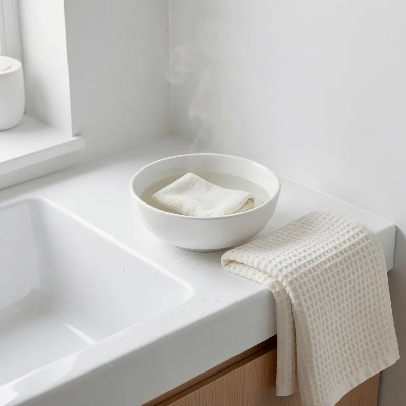 Serviette en coton et bol d’eau tiède préparés pour rincer un masque à l’argile