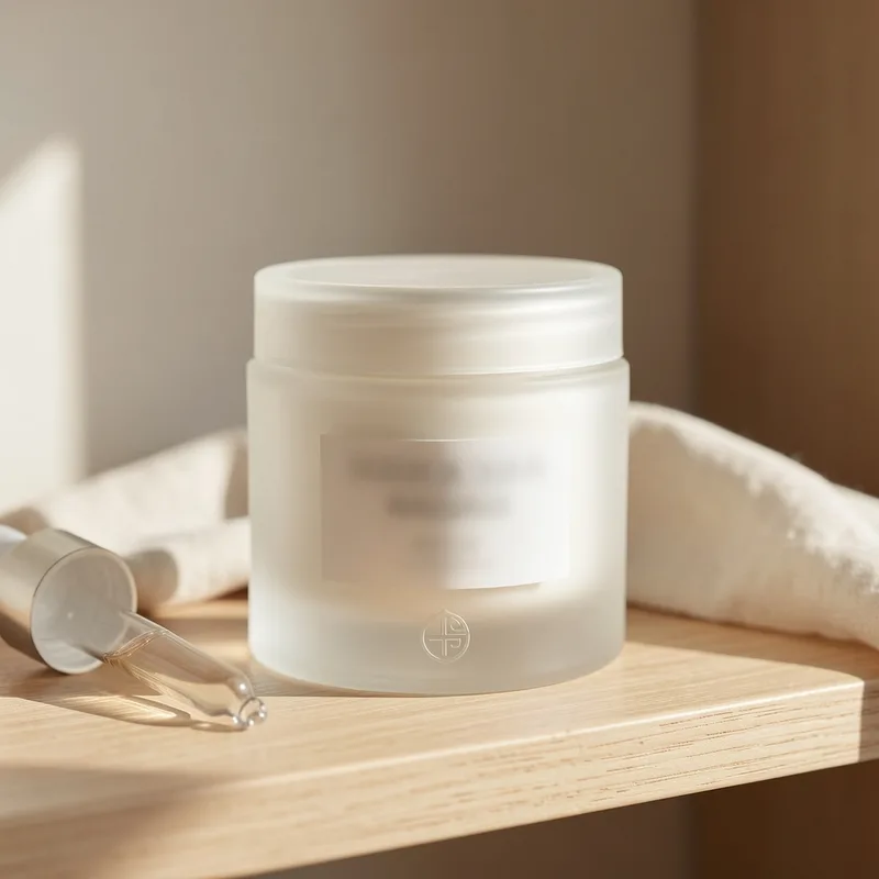Pot en verre dépoli de masque cosmétique posé sur une étagère en bois clair