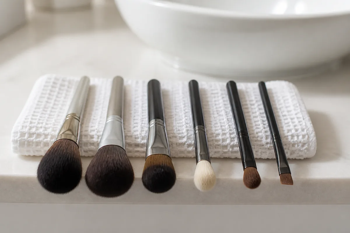 Ensemble de pinceaux de maquillage posés sur une serviette blanche près d’un lavabo, lumière naturelle du matin
