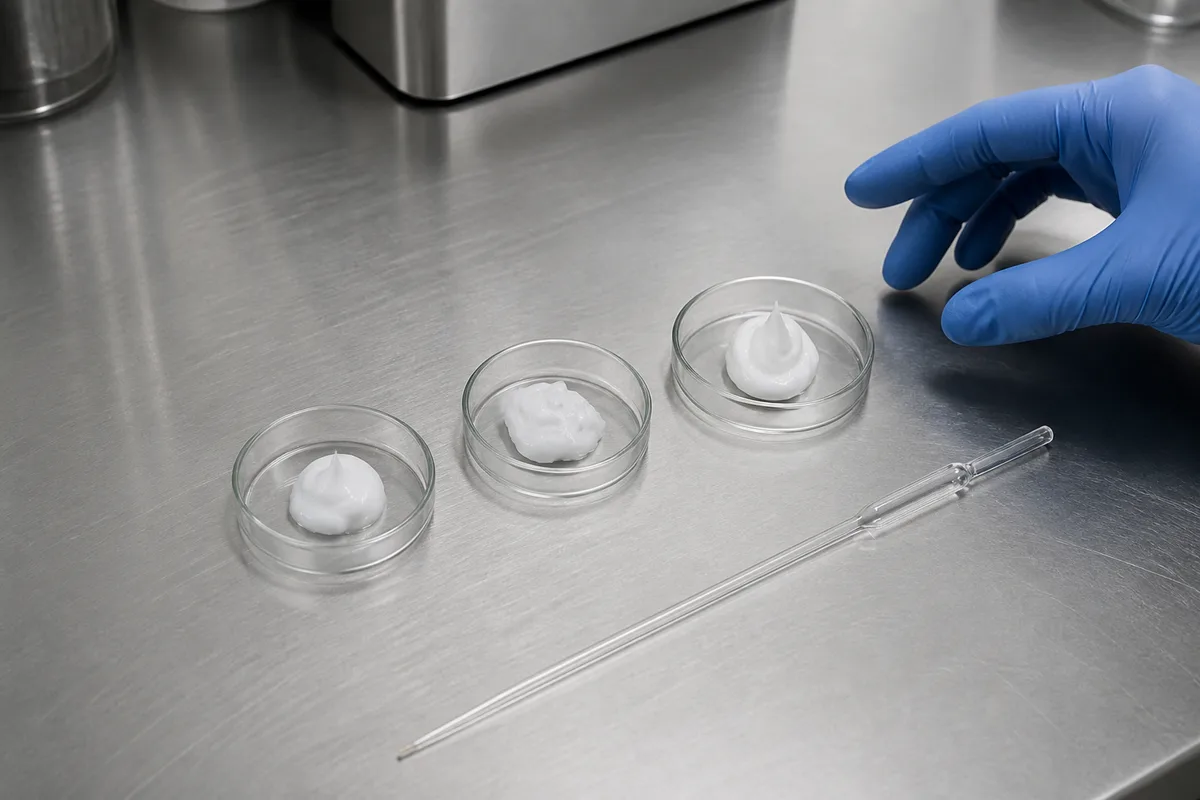 Paillasse de laboratoire avec échantillons de crème en coupelles de verre et pipette, lumière froide