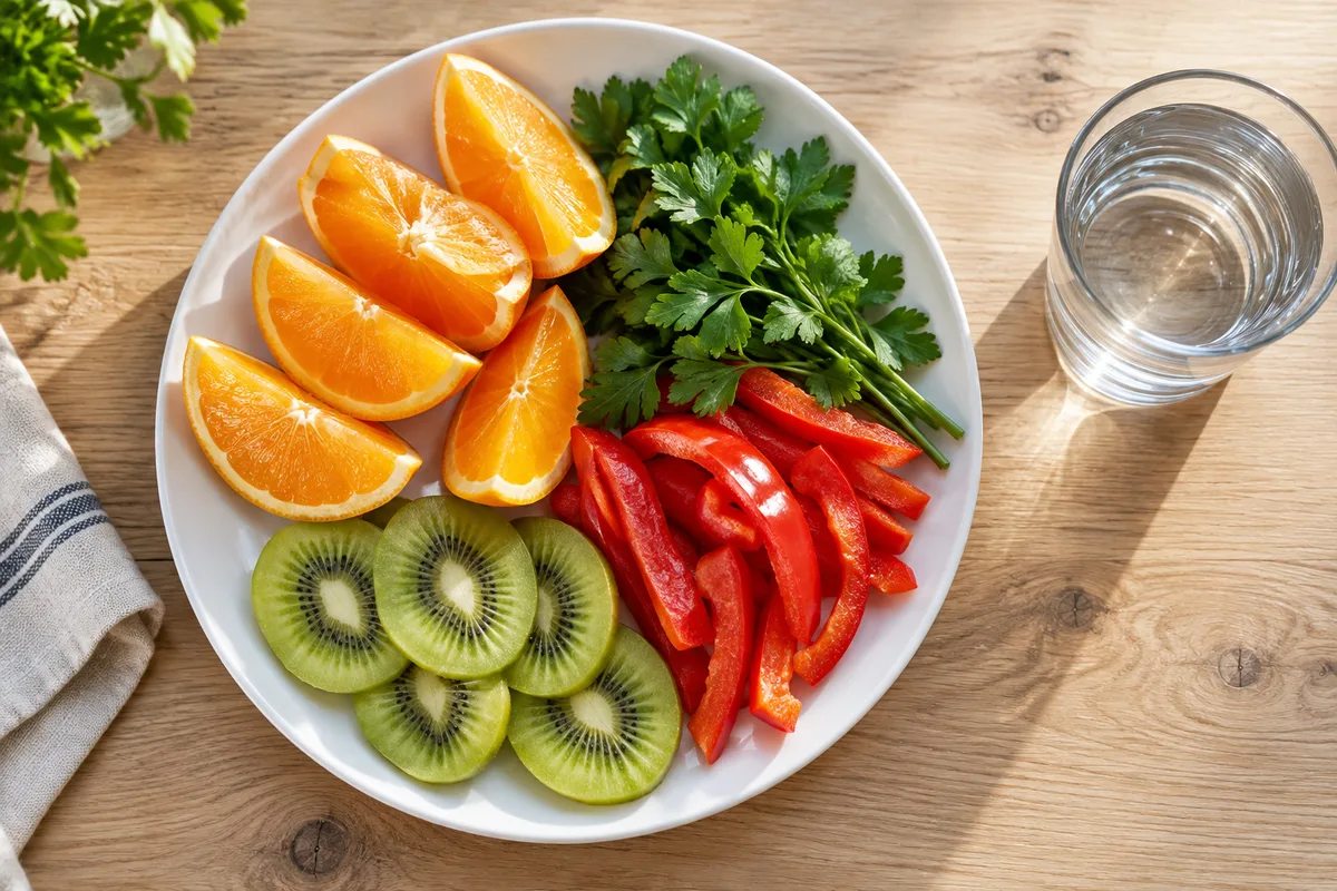Assiette de kiwis, d’oranges, de poivron rouge et de persil frais coupés sur une table claire, vue du dessus