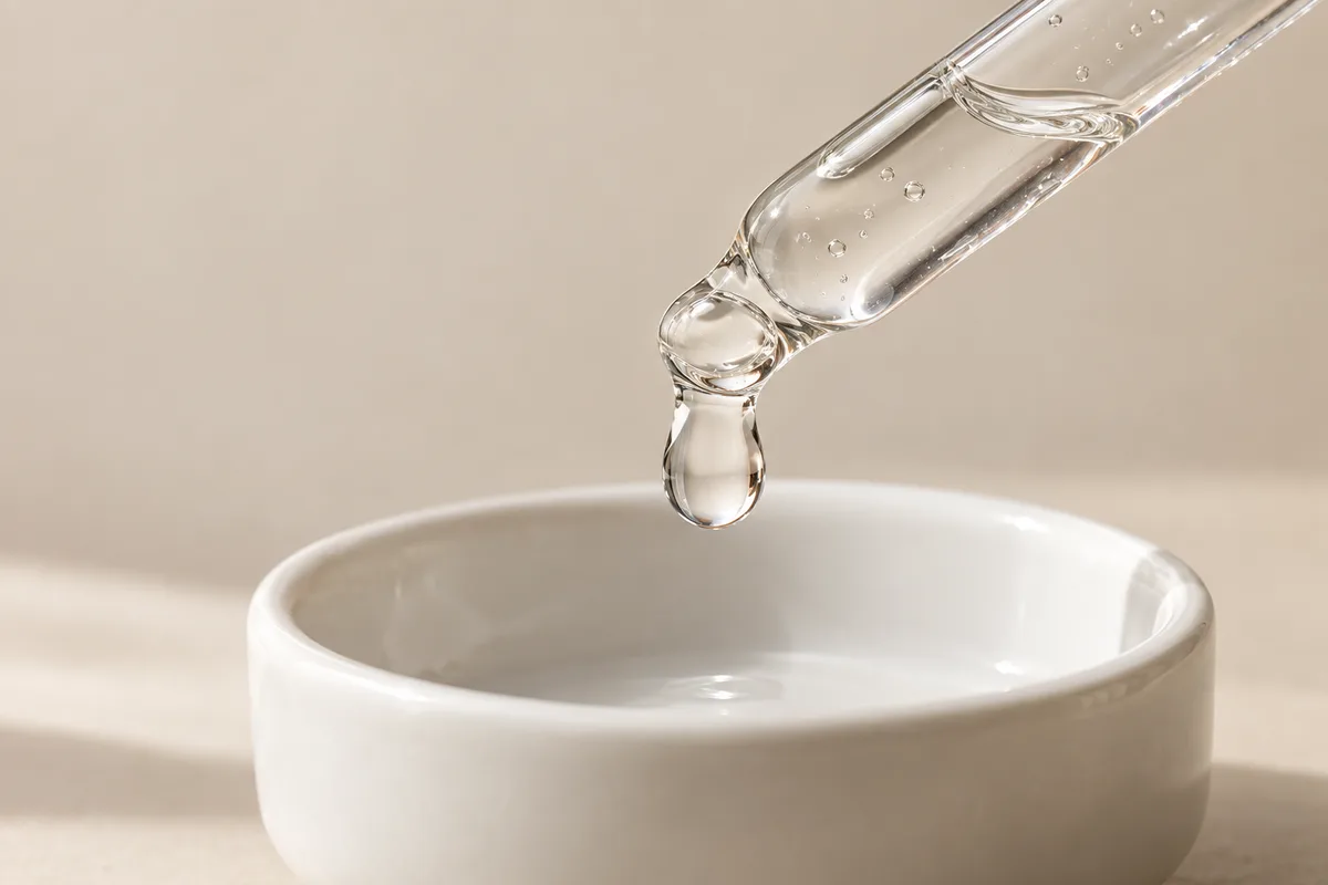 Pipette en verre laissant tomber une goutte de sérum transparent dans une coupelle en céramique blanche