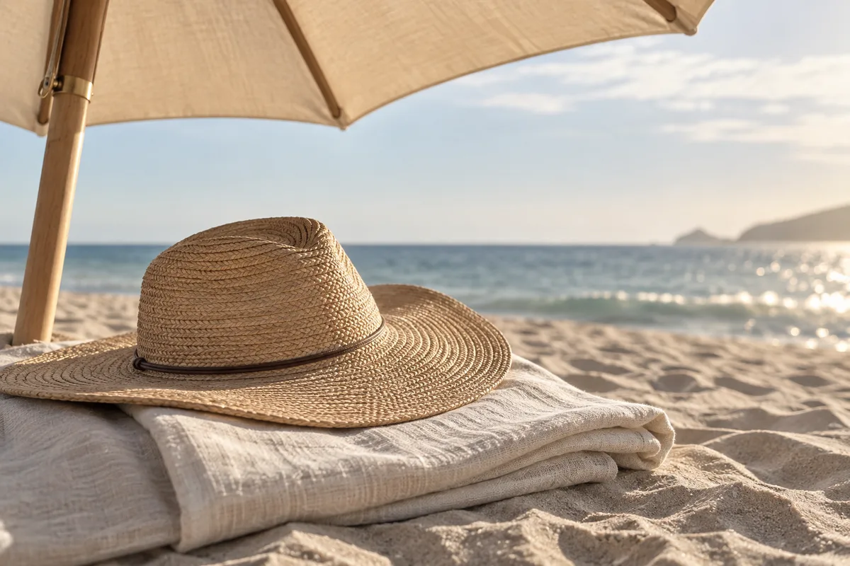 Chapeau de paille à large bord posé sur une serviette en lin à l’ombre d’un parasol en toile écrue