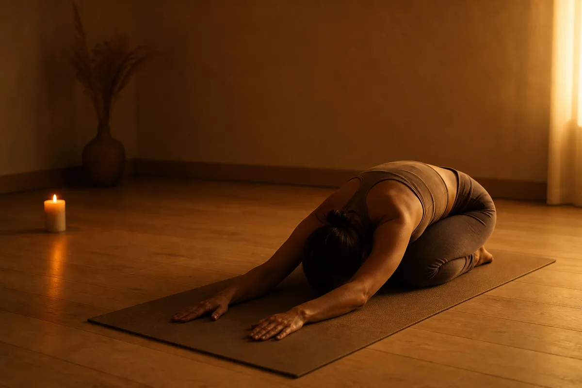 Silhouette de dos en posture de l’enfant sur un tapis dans une pièce en pénombre